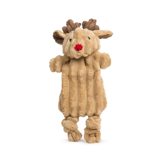 Front view of Rudy Reindeer HuggleFlattie with red nose and corduroy texture.
