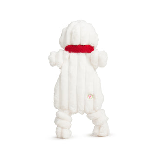Back view of Snowman Flattie with red scarf and corduroy fabric.