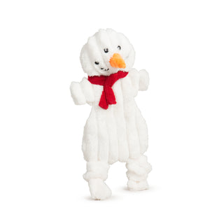 Side view of Snowman Flattie with orange nose, red scarf and white corduroy texture.
