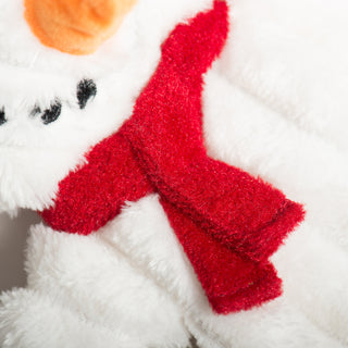 Red holiday scarf wrapped around the neck of the Snowman HuggleFlattie.