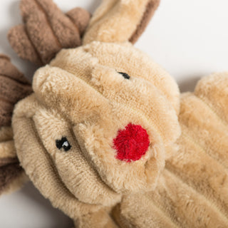 Close up of Rudy Reindeer Flatte face with red plush nose.