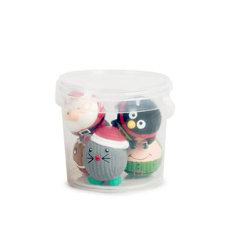 Clear plastic bucket showing 5 assorted holiday Ruff-Tex toys inside
