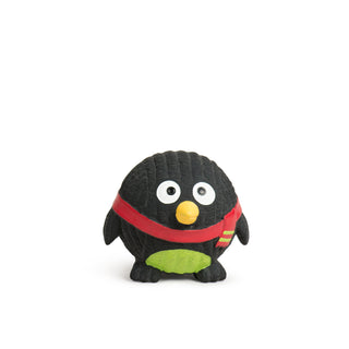 Front view of penguin Ruff-Tex dog toy with red scarf and green belly