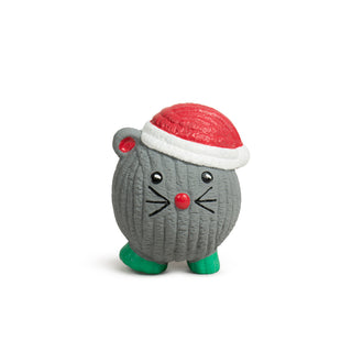 Front view of mouse-shaped Ruff-Tex toy with red nose and Santa hat
