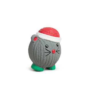 Grey mouse-shaped Ruff-Tex dog toy wearing a red Santa hat and green feet