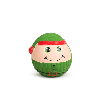 Front view of happy green elf Ruff-TexÂź ball with festive attire.