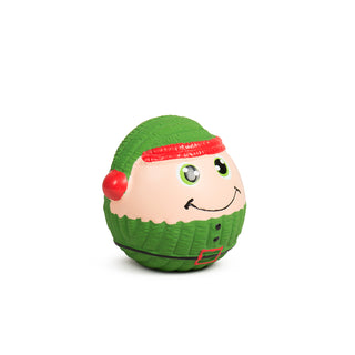 Side view of smiling green elf Ruff-TexÂź ball with red pom pom on his hat.