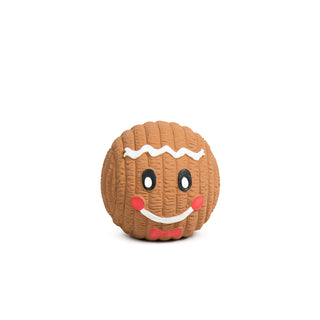 Front view of smiling gingerbread Ruff-TexÂź ball with red bow tie.