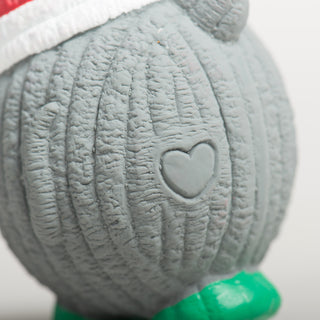 Back view of Ruff-TexÂź mouse toy showing embossed heart and green feet.