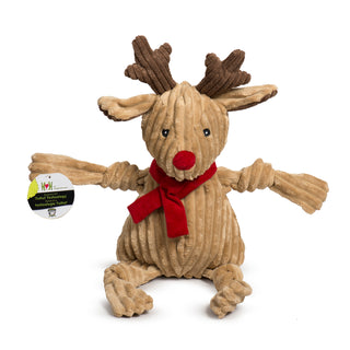 Front view of Rudy Reindeer Knottie holding Tuffut Technology® tag in paw.