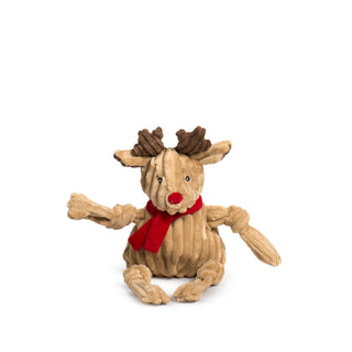 Large Rudy Reindeer Knottie holding product tag, with red nose and holiday scarf detail.