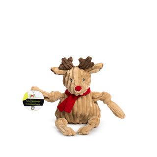 Front view of Rudy Reindeer Knottie holding Tuffut Technology® tag in paw.