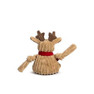 Rear view of Rudy Reindeer Knottie displaying its plush corduroy body and red glitter scarf.
