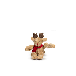 Front view of Small Rudy Reindeer Knottie dog toy with red scarf and brown antlers, sitting upright.