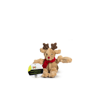 Front view of Rudy Reindeer Knottie holding Tuffut Technology® tag in paw.