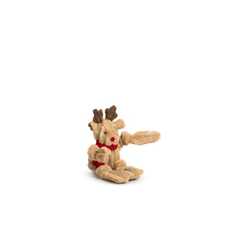 Side view of Rudy Reindeer Knottie sitting with one arm raised and red nose visible.