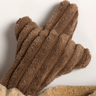 Close-up of brown corduroy antler on Rudy Reindeer Knottie plush dog toy.