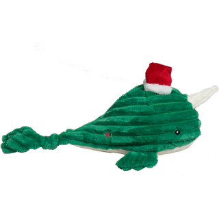 Side profile view of Large Noe Narwhal Knottie® toy facing right, showing plush horn, eye, and curled tail.