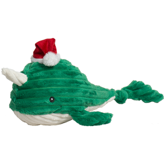 Side profile view of Large Noe Narwhal Knottie® toy facing left, with visible stitched eye and corduroy flippers.