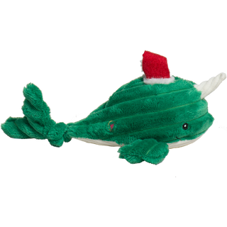 Small Noe Narwhal Knottie® plush dog toy shown in full, featuring green corduroy fabric, a red Santa hat, and white horn.