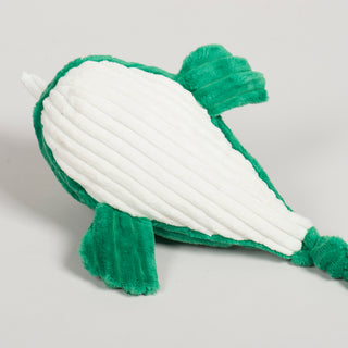Underside of Noe Narwhal Knottie® plush toy showing its white corduroy belly and soft flippers.