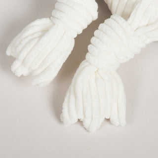 Knotted white corduroy limbs of Ollie Owl Knottie shown close-up