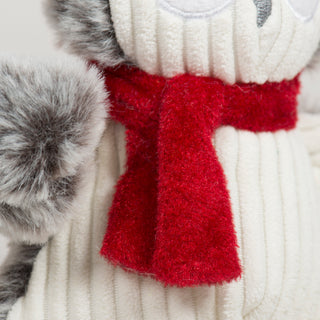 Detailed view of Ollie Owl Knottie's red velvet holiday scarf