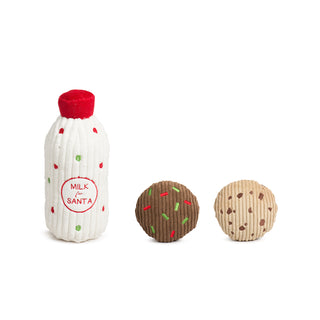 Milk bottle and cookies plush set on white background