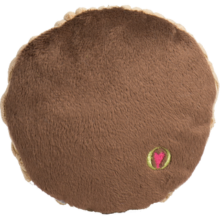 Back of tan cookie toy with signature pink heart embroidery