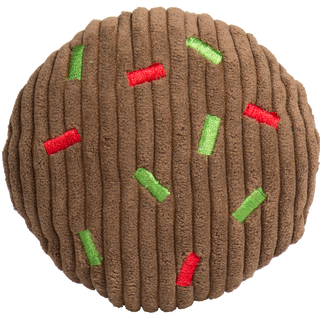Brown plush cookie toy with red and green embroidered sprinkles