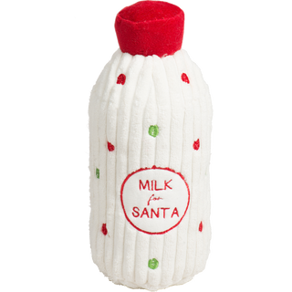 White plush milk bottle with red and green embroidered polka dots and red felt cap