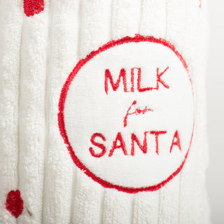 Close-up of plush milk bottle with 'Milk for Santa' red embroidery
