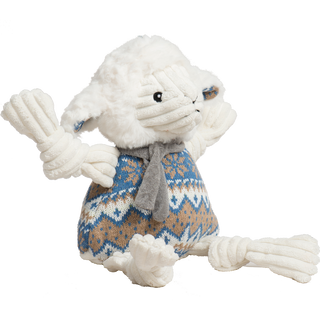 White plush lamb toy with knitted sweater and rope toy on a white background