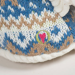 Close-up of a knitted fabric with a heart design on a white background