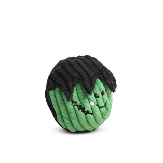 Green Frankenstein-style cat toy ball with black felt hair and stitched smile