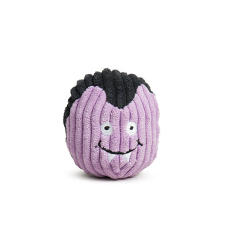 Front-facing view of purple vampire-themed plush cat toy ball