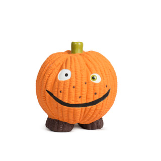 Front view of large Gourdie Ruff-Tex dog toy shaped like a pumpkin with goofy smile and ribbed texture.