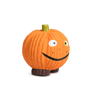 Side view of the large Gourdie Ruff-Tex pumpkin toy showing smile and green stem on white background.
