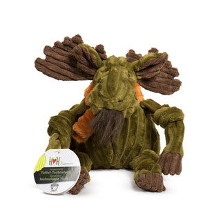 Front-facing view of Milo Moose Knottie toy with tag, showing soft green plush body and brown antlers.