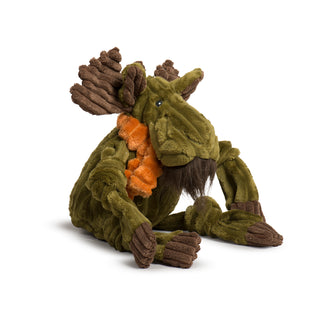 Side view of Milo Moose Knottie plush showing full beard, orange scarf, and dark brown corduroy feet.