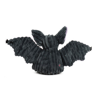 Rear view of Baxter Bat with wings fully spread, displaying plush corduroy texture and heart detail on lower back.