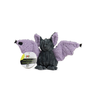 Full view of Baxter Bat plush dog toy with outstretched purple wings, grey corduroy body, and hang tag attached.