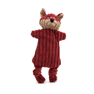 Maroon fox corduroy plush dog toy with tan bottom half of face and inner ears, black nose and black embroidered eyes.