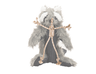 Plush brown gray redwood raccoon faded out to show the internal "x-brace" skeleton that is sewn to the head and threaded throughout the body for added strength.