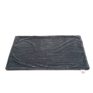 Charcoal colored scout blanket folded, and on the ground.