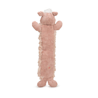 Back view of elongated pig plush dog toy with dusty pink colored HuggleFleece® body, white hair tuft on top of head, dusty pink corduroy face, ears, arms, legs, and back.