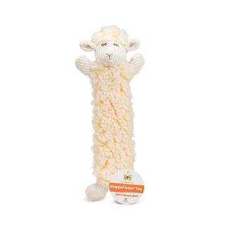 Elongated lamb plush dog toy with natural colored HuggleFleece® body and top of head, white corduroy face, ears, arms, and legs, and brown embroidered nose and closed eyes with tag.
