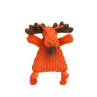 Orange triangle shaped moose corduroy plush dog toy with brown corduroy antlers and inner ears, brown beard tuft on chin, knotted legs, short stubby arms, and black embroidered eyes and nostrils.