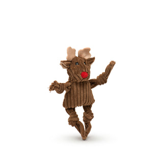 Brown reindeer Wee Huggle corduroy plush dog toy with knotted limbs, tan antlers and inner ears, red nose, and black embroidered eyes.