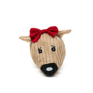 Tan plush corduroy reindeer head with red bow on head, black nose with white highlight, brown antlers, and black embroidered eyes.